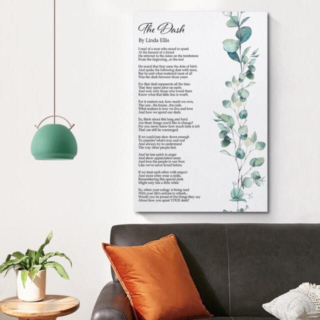 picture of a poster of The Dash poem hanging on a wall.